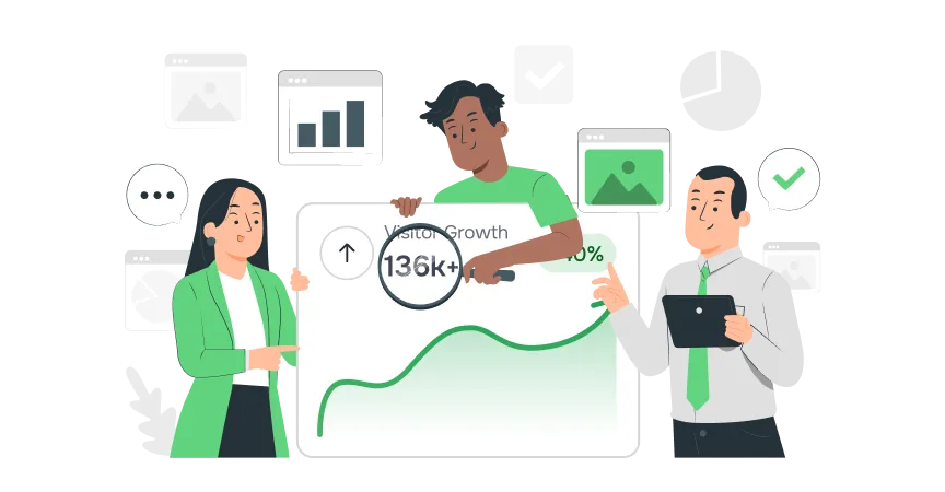 Illustration of a marketing team reviewing visitor growth analytics